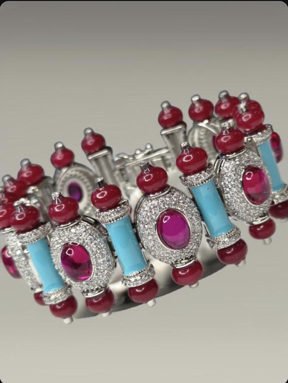 Exquisite Silver Oval Ruby Glass Cabochon Turquoise Enamel Pave Crystal Bracelet - Picture 2 of 7